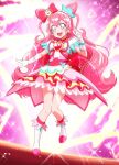  1girl :d apron boots bow choker cure_precious delicious_party_precure double_bun earrings flower frilled_apron frilled_hairband frills full_body gloves hair_bow hair_cones hair_flower hair_ornament hairband heart_brooch highres jewelry knee_boots layered_skirt long_hair looking_at_viewer magical_girl multicolored_clothes multicolored_skirt nagomi_yui open_mouth pink_background pink_bow pink_choker pink_hair pink_hairband pink_theme precure purple_eyes shiny shiny_hair skirt smile solo standing standing_on_one_leg tj-type1 two_side_up v white_apron white_footwear white_gloves 
