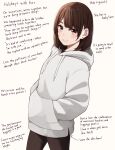  1girl absurdres alternate_language arrow_(symbol) bangs black_pants blush bob_cut brown_background brown_eyes brown_hair closed_mouth drawstring earrings english_text eyebrows_visible_through_hair grey_hoodie hands_in_pocket highres hood hood_down hoodie jewelry kapatarou looking_at_viewer original pants simple_background smile solo stud_earrings thick_eyebrows 