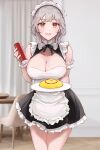 1girl absurdres bare_shoulders breasts chowbie cleavage cleavage_cutout clothing_cutout commentary grey_hair happy highres ketchup ketchup_bottle large_breasts looking_at_viewer maid maid_headdress omelet original smile solo tray yellow_eyes 