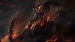  1boy abs armor character_request fire flame gauntlets glowing glowing_eyes helmet highres holding holding_scythe horns league_of_legends open_mouth red_eyes scythe sharp_teeth solo teeth wutu_(1183238220) 