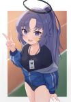  1girl absurdres black_shirt blue_archive breasts halo highres id_card jacket long_hair medium_breasts non_ddu open_clothes open_jacket ponytail purple_eyes purple_hair shirt short_sleeves star_(symbol) track_jacket yuuka_(blue_archive) 