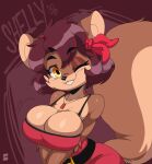  2022 absurd_res amber_eyes anthro big_breasts black_nose breasts brown_hair buckteeth clothed clothing digital_media_(artwork) female hair hi_res jewelry joaoppereiraus looking_at_viewer mammal necklace one_eye_closed rodent sciurid shell_(projectile) shelly_(wirelessshiba) short_hair shotgun_shell signature smile solo teeth tree_squirrel wink 
