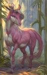  2022 almatea ambiguous_gender antlers asian_mythology bamboo chinese_mythology cloven_hooves east_asian_mythology equid eyelashes feral fur green_eyes hi_res hooves horn inner_ear_fluff kirin mammal mythology outside pink_body pink_fur solo tuft white_body white_fur 