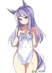  animal_ears blush collarbone commentary_request covering hair_ornament highres horse_ears horse_girl horse_tail line4x looking_at_viewer mejiro_mcqueen_(umamusume) purple_eyes purple_hair simple_background tail towel twitter_username umamusume wet white_background 