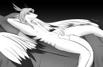  animal_genitalia anthro antlers balls bed bed_sheet bedding black_and_white blanket feathered_wings feathers fully_sheathed fur furniture genitals giru_(artist) grey_hair hair hand_behind_head hand_on_hip hand_on_leg horn looking_at_viewer male monochrome nipples nude on_bed pillow sheath shiin_windragon solo stripes white_body white_fur windragon wings 