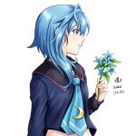  1girl artist_name asymmetrical_hair blue_eyes blue_flower blue_hair blue_necktie blue_serafuku crescent crescent_pin dated flower hair_between_eyes holding holding_flower kantai_collection long_sleeves minazuki_(kancolle) necktie open_mouth short_hair signature simple_background solo tk8d32 upper_body white_background 