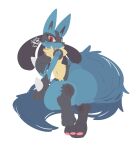  2021 ambiguous_gender blue_body blue_fur blush canid canine fur hi_res looking_at_viewer lucario mammal navel nintendo nyaswitchnya open_mouth pawpads pok&eacute;mon pok&eacute;mon_(species) red_eyes simple_background sitting solo tan_body tan_fur video_games white_background 