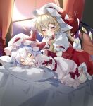  2girls arm_support ascot blonde_hair blush bow closed_eyes crystal dress eyebrows_visible_through_hair flandre_scarlet hair_between_eyes half-closed_eyes hat hat_bow highres indoors light_blue_hair looking_at_another mob_cap multiple_girls on_bed one_side_up pillow puffy_short_sleeves puffy_sleeves red_bow red_eyes red_skirt red_vest remilia_scarlet short_hair short_sleeves siblings sisters skirt sleeping sorani_(kaeru0768) touhou vest white_dress white_headwear window wings yellow_ascot 