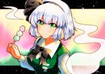  1girl black_bow black_hairband black_neckwear black_ribbon blue_eyes bob_cut bow bowtie breasts collared_shirt green_vest hair_ribbon hairband highres konpaku_youmu medium_breasts mochi qqqrinkappp ribbon shirt short_hair short_sleeves silver_hair touhou traditional_media vest white_shirt 