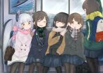  5girls alternate_costume aoshima_sakana bangs black_hair black_legwear blue_skirt blunt_bangs brown_coat brown_eyes brown_gloves brown_hair brown_scarf closed_eyes coat eyebrows_visible_through_hair fubuki_(kancolle) gloves green_scarf hair_ribbon hatsuyuki_(kancolle) kantai_collection long_hair long_sleeves low_twintails miyuki_(kancolle) multiple_girls murakumo_(kancolle) orange_eyes parted_bangs pink_scarf plaid plaid_scarf pleated_skirt ribbon scarf shirayuki_(kancolle) short_eyebrows short_hair short_twintails sidelocks sitting skirt train_interior tress_ribbon twintails white_coat yellow_scarf 