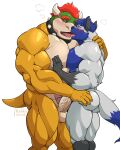  2022 absurd_res anthro anthro_on_anthro balls biceps big_muscles blush bodily_fluids bowser butt canid canine canis collar dated duo embrace erection eye_contact eyebrows frottage fur genitals hair hand_on_back hand_on_butt hand_on_chest hi_res horn huge_muscles humanoid_genitalia humanoid_penis kissing koopa looking_at_another maldu male male/male mammal mario_bros muscular muscular_anthro muscular_male narrowed_eyes nintendo nude open_mouth pecs penis quads saliva scalie sex signature simple_background spiked_collar spikes standing teeth tongue tongue_out tuft vein video_games white_background wolf 