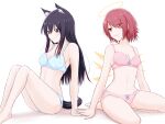  2girls animal_ear_fluff animal_ears arknights bare_arms bare_legs black_hair blue_bra blue_panties blush bra breasts brown_eyes cleavage closed_mouth exusiai_(arknights) eyebrows_visible_through_hair eyes_visible_through_hair hair_over_one_eye hand_on_hand highres long_hair looking_at_another medium_breasts midorinoyuka multiple_girls navel panties pink_bra pink_panties red_hair ribbon_bra ribbon_panties shiny shiny_hair short_hair simple_background sitting sketch small_breasts smile straight_hair tail texas_(arknights) underwear underwear_only wariza white_background yuri 
