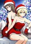  2girls back-to-back bangs bare_arms bare_legs bare_shoulders belt belt_buckle black_belt blonde_hair blue_eyes braid brown_eyes brown_hair buckle christmas closed_mouth collarbone darjeeling_(girls_und_panzer) dress eyebrows_visible_through_hair fur-trimmed_dress fur-trimmed_gloves fur-trimmed_headwear fur_trim gift_bag girls_und_panzer gloves hair_between_eyes hat highres long_hair looking_at_viewer looking_back mika_(girls_und_panzer) multiple_girls omachi_(slabco) red_dress red_gloves red_headwear santa_costume santa_hat shiny shiny_hair short_dress shoulder_blades sitting sketch smile strapless strapless_dress tied_hair 