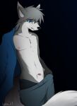  animal_genitalia anthro blue_eyes bottomwear bottomwear_down canid canine canis clothed clothing fur genitals giru_(artist) grey_body grey_fur grey_hair hair hi_res jay_(shadowjolt) looking_at_viewer male mammal mostly_nude multicolored_body multicolored_fur nipples open_clothing open_shirt open_topwear pants pants_down partially_clothed penis penis_tip sheath shirt solo topwear two_tone_body two_tone_fur underwear wolf 