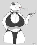  absurd_res anthro big_breasts black_and_white bottomwear bra breasts classy clothed clothing dinosaur female hi_res huge_breasts loincloth mature_female monochrome reptile scalie simple_background skimpy smoking solo suggestive theropod tyrannosaurid tyrannosaurus underwear zagz 