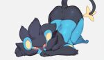  ambiguous_gender anthro ass_up blush hi_res looking_away luxray lying nintendo on_front pok&eacute;mon pok&eacute;mon_(species) red_sclera simple_background solo source_request unknown_artist video_games white_background yellow_eyes 