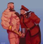  2boys abs armor assisted_exposure bad_id bad_twitter_id bara beard blush body_fur character_request chest_hair eye_contact facial_hair feet_out_of_frame from_side hat highres jacket kepi large_pectorals looking_at_another macho_juice male_focus male_pubic_hair mature_male military military_hat military_uniform mohawk multiple_boys muscular muscular_male nipples pauldrons pectorals penis penis_peek pubic_hair pulled_by_another red_jacket scar scar_on_leg seductive_smile short_hair shoulder_armor sideburns smile stomach street_fighter thick_thighs thighs topless_male undressing_another uniform veins veiny_penis white_hair wrestling_outfit yaoi zangief 