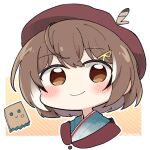  1girl bangs beret blush brown_eyes brown_hair feathers friend_(nanashi_mumei) gyaheung hair_ornament hat hololive hololive_english japanese_clothes kimono looking_at_viewer multicolored_hair nanashi_mumei red_shawl simple_background streaked_hair virtual_youtuber 