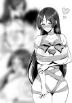 1girl bangs bare_shoulders breasts cleavage collarbone covered_nipples fate/grand_order fate_(series) greyscale highres large_breasts long_hair looking_at_viewer minamoto_no_raikou_(fate) monochrome naked_ribbon parted_bangs ribbon sweat thighs very_long_hair youshuu 