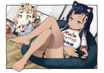  2girls animal_ears bangs barefoot bean_bag_chair black_hair black_nails black_panties blonde_hair border breasts cat_ears character_request cleavage clothes_writing colored_inner_hair controller copyright_request crossed_legs dark-skinned_female dark_skin earrings english_text fake_animal_ears fat feet food game_controller gamepad green_eyes highres holding holding_controller hoop_earrings indoors jewelry legs long_hair makeup mole multicolored_hair multiple_girls nail_polish nintendo_switch_pro_controller omaru_gyuunyuu outside_border panties playing_games purple_eyes shirt sitting stud_earrings thick_eyebrows thighs toenail_polish toenails toes two-tone_hair undercut underwear white_border white_nails white_shirt 