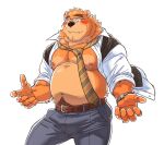  2022 anthro belly blush bottomwear canid canine canis clothed clothing cute_fangs domestic_dog eyewear glasses hi_res humanoid_hands kemono male mammal moobs necktie nipples open_clothing open_shirt open_topwear overweight overweight_male pants ryuta-h shirt solo topwear ursid 