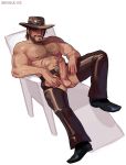  1boy abs arm_hair bad_id bad_twitter_id bara beard blush brown_hair cassidy_(overwatch) chest_hair clothing_cutout cowboy_hat cowboy_western crotchless crotchless_pants erection facial_hair hairy hat highres large_pectorals leather leather_pants macho_juice male_focus mature_male medium_hair muscular muscular_male mustache navel navel_hair nipples overwatch pants pectorals scar scar_on_chest seductive_smile sideburns smile smirk solo stomach thick_thighs thigh_cutout thighs topless_male uncensored 