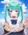  1girl animal_ear_fluff animal_ears bangs blunt_bangs blush bow bowtie broken_heart cardigan cat_ears cauldron choker earrings fangs frown getting_over_it green_hair highres holding holding_stick hololive jewelry mirukurim pink_hair red_eyes skin_fangs solo stick street_fighter tearing_up tears twintails uruha_rushia 