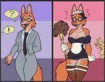  anthro blush bodily_fluids breasts canid canine chorsinnell39 cleaning_tool cleavage clothed clothing diane_foxington dreamworks feather_duster female fox fur hi_res maid_uniform mammal necktie orange_body orange_fur suit sweat the_bad_guys uniform 