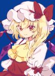  1girl arm_ribbon arms_at_sides ascot bangs blonde_hair blue_background bow closed_mouth commentary crystal eyebrows_visible_through_hair flandre_scarlet hair_between_eyes hat hat_bow looking_at_viewer medium_hair mob_cap one_side_up orange_eyes red_bow red_ribbon red_skirt red_vest ribbon simple_background sketch skirt skirt_set smile solo tomobe_kinuko touhou upper_body vest white_headwear white_sleeves wings yellow_ascot 