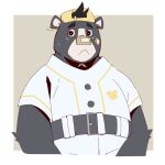  2022 anthro band-aid bandage baseball_(sport) baseball_cap baseball_uniform black_body blush brand_new_animal clothing hat headgear headwear kemono male mammal shimomaro shirt simple_background slightly_chubby solo sport sportswear studio_trigger topwear uniform ursid 