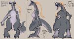  3_toes 5_fingers anthro blonde_hair blonde_mane blue_claws blue_horn breasts claws countershade_arms countershade_tail countershade_torso countershading curved_horn cutaway digitigrade dragon english_text featureless_breasts featureless_crotch feet female finger_claws fingers front_view grey_body grey_scales hair hand_on_hip heel_claw hi_res horn long_hair long_neck long_tail looking_at_viewer looking_back looking_back_at_viewer mane medium_breasts model_sheet multiple_poses non-mammal_breasts nude ponytail pose purple_eyes rear_view scales scalie semi-anthro side_view signature simple_background solo standing tan_background tetto text toe_claws toes western_dragon white_body white_scales wide_hips wingless_dragon 