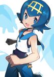  1girl :d bare_arms blue_eyes blue_hair blue_pants blue_sailor_collar blush bright_pupils clenched_hands commentary_request eyebrows_visible_through_hair hairband hata4564 highres lana_(pokemon) looking_at_viewer no_sclera one-piece_swimsuit open_mouth pants pokemon pokemon_(game) pokemon_sm sailor_collar shirt short_hair sleeveless sleeveless_shirt smile solo swimsuit swimsuit_under_clothes tongue twitter_username white_pupils white_shirt yellow_hairband 