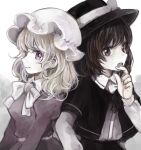  2girls :o back-to-back black_capelet black_headwear black_skirt blonde_hair bow bowtie brown_eyes brown_hair capelet closed_mouth commentary dress eyebrows_behind_hair finger_to_mouth fingernails front_ponytail hand_up hat hat_ribbon long_sleeves looking_to_the_side maribel_hearn medium_hair mob_cap mozukuzu_(manukedori) multiple_girls open_mouth purple_dress purple_eyes ribbon shirt short_hair short_ponytail simple_background skirt smile teeth touhou upper_body usami_renko wavy_hair white_background white_bow white_bowtie white_headwear white_ribbon white_shirt 