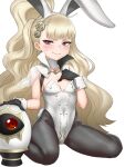  animal_ears blonde_hair blush breasts eitri_(fire_emblem) fire_emblem fire_emblem_heroes gears gloves highres on_floor pantyhose playboy_bunny rabbit_ears red_eyes shawl small_breasts smile tri_tails user_ppkj7438 