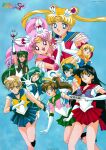  1990s_(style) aino_minako aqua_hair aqua_sailor_collar aqua_skirt arm_up back_bow bangs bishoujo_senshi_sailor_moon black_hair black_sailor_collar black_skirt blonde_hair blue_background blue_eyes blue_hair blue_sailor_collar blue_skirt bow brooch brown_hair chibi_usa choker company_name crescent crescent_earrings double_bun earrings elbow_gloves eyebrows_visible_through_hair floating_hair garnet_rod gloves green_eyes green_hair green_sailor_collar hair_bobbles hair_bow hair_ornament heart heart_brooch heart_choker high_ponytail highres hino_rei holding holding_hands holding_staff interlocked_fingers jewelry kaiou_michiru kino_makoto leotard light_brown_hair logo looking_at_viewer magical_girl meiou_setsuna miniskirt mizuno_ami non-web_source official_art ofuda open_mouth orange_sailor_collar orange_skirt outstretched_arm pink_hair pink_sailor_collar pleated_skirt red_eyes red_sailor_collar red_skirt retro_artstyle sailor_chibi_moon sailor_collar sailor_jupiter sailor_mars sailor_mercury sailor_moon sailor_neptune sailor_pluto sailor_senshi sailor_uranus sailor_venus skirt smile staff star_(symbol) star_choker star_earrings super_sailor_chibi_moon super_sailor_moon ten&#039;ou_haruka tiara tsukino_usagi twintails 