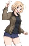  1girl :d alternate_hair_length alternate_hairstyle arm_up black_shirt blonde_hair blue_eyes blue_shorts brown_jacket collarbone cowboy_shot girls_und_panzer hair_intakes highres jacket kay_(girls_und_panzer) long_sleeves omachi_(slabco) open_clothes open_jacket open_mouth shiny shiny_hair shiny_skin shirt short_hair short_shorts shorts simple_background sketch smile solo standing straight_hair thighhighs white_background white_legwear zettai_ryouiki 