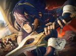  1girl blood blue_gloves blue_hair blue_shirt cape falchion_(fire_emblem) fingerless_gloves fire_emblem fire_emblem_heroes gloves lucina_(fire_emblem) marth_(fire_emblem_awakening) mask maze_draws scratches shirt soldier sword tiara twitter_username war weapon 