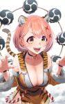  1girl :d absurdres animal_ears animal_print bare_shoulders bell black_choker bob_cut breasts choker claw_pose cleavage earrings facial_mark fangs green_eyes hair_between_eyes hair_ornament highres jewelry large_breasts neck_bell orange_hair original smile solo tail tiger_ears tiger_girl tiger_print tiger_tail tonegawa_ribu v-shaped_eyebrows x_hair_ornament 