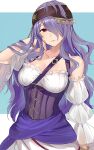  1girl alternate_costume bare_shoulders breasts buckle camilla_(fire_emblem) collarbone corset detached_sleeves fire_emblem fire_emblem_fates fire_emblem_heroes frills hair_over_one_eye hand_in_hair haru_(nakajou-28) headband highres jewelry long_hair looking_at_viewer medium_breasts official_alternate_costume one_eye_covered pirate_costume purple_eyes purple_hair solo underbust upper_body very_long_hair wavy_hair white_sleeves 