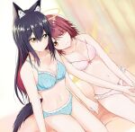  2girls animal_ear_fluff animal_ears arknights bangs bare_arms bed_sheet black_hair blue_bra blue_panties bow bow_bra bow_panties bra breasts brown_eyes cleavage closed_mouth collarbone dutch_angle exusiai_(arknights) eyebrows_visible_through_hair eyes_visible_through_hair frilled_bra frilled_panties frills gradient_hair hair_between_eyes hair_over_one_eye halo head_on_another&#039;s_shoulder highres long_hair medium_breasts midorinoyuka multicolored_hair multiple_girls navel panties pink_bra pink_panties red_hair shiny shiny_hair sitting smile straight_hair tail texas_(arknights) underwear underwear_only very_long_hair yuri 