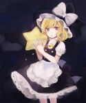  1girl :o apron bangs black_dress black_headwear blonde_hair bow commentary cowboy_shot crescent crescent_pin dress hands_up hat hat_bow holding holding_star kirisame_marisa light_blush looking_at_viewer medium_hair mozukuzu_(manukedori) open_mouth puffy_short_sleeves puffy_sleeves shirt short_sleeves sky solo star_(sky) star_(symbol) starry_sky swept_bangs touhou waist_apron white_apron white_bow white_shirt witch_hat yellow_eyes 