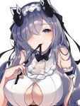  1girl artist_name august_von_parseval_(azur_lane) august_von_parseval_(the_conquered_unhulde)_(azur_lane) azur_lane bare_shoulders black_bow bow breasts cleavage curled_horns hair_over_one_eye highres horns large_breasts long_bangs long_hair looking_at_viewer mechanical_horns mouth_hold official_alternate_costume one_eye_covered ribbon ribbon_in_mouth simple_background solo tofu_fufu upper_body white_background 