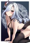  1girl all_fours bikini black_bikini black_legwear blue_eyes breasts cleavage genshin_impact grey_hair hair_over_one_eye highres long_hair medium_breasts shenhe_(genshin_impact) solo swimsuit thighhighs yeooudam 