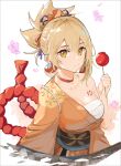  1girl bandages bangs bare_shoulders black_sash blonde_hair breasts candy_apple chest_sarashi chest_tattoo choker cleavage commentary food genshin_impact hair_between_eyes hand_up highres holding holding_food japanese_clothes kimono looking_at_viewer lycsakd medium_breasts obi orange_kimono ponytail red_choker sarashi sash short_hair simple_background solo tattoo upper_body white_background yellow_eyes yoimiya_(genshin_impact) 