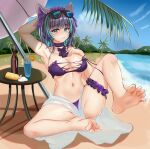  1girl absurdres animal_ears aqua_hair aqua_nails arm_behind_head azur_lane barefoot beach beach_umbrella bikini bottle breasts cheshire_(azur_lane) cheshire_(summery_date!)_(azur_lane) choker cleavage eyebrows_visible_through_hair eyewear_on_head fake_animal_ears food fruit hand_on_own_chest highres kanesada_dp large_breasts leg_garter looking_at_viewer lotion multicolored_hair nail_polish navel official_alternate_costume orange_(fruit) orange_slice outdoors palm_tree purple_bikini purple_choker purple_hair round_table sand sarong soles solo strapless strapless_bikini streaked_hair sunglasses sunscreen swimsuit tinted_eyewear toenail_polish toenails toes tree two-tone_hair umbrella water 