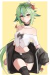  1girl bangs bare_shoulders black_bow black_choker black_jacket black_legwear black_shorts bow choker collarbone cowboy_shot crop_top eyebrows_visible_through_hair fish genshin_impact green_hair hair_between_eyes highres jacket long_hair long_sleeves looking_at_viewer lycsakd midriff navel off-shoulder_shirt off_shoulder shirt short_shorts short_sleeves shorts solo standing stomach sucrose_(genshin_impact) thighhighs thighs very_long_hair white_shirt yellow_eyes 