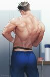  1boy ass back bara black_hair blue_pants highres jockstrap large_pectorals male_focus male_underwear muscular muscular_male original pants pectorals short_hair solo ssong-ga sweat sweatdrop topless_male twitter_username undercut underwear 