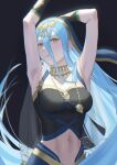  1girl armpits arms_up azura_(fire_emblem) blue_hair breasts dress e5nf8v elbow_gloves fire_emblem fire_emblem_fates fire_emblem_heroes gloves hair_between_eyes hairband highres jewelry long_hair looking_at_viewer midriff navel solo teeth very_long_hair yellow_eyes 