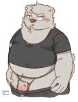  2022 anthro balls belly blush bodily_fluids clothing cum genital_fluids genitals grey_body humanoid_genitalia humanoid_hands humanoid_penis jamiephut kemono male mammal overweight overweight_male penis shirt simple_background solo topwear ursid white_background 