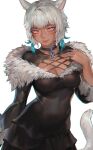  1girl animal_ears aoin bangs breasts cat_ears cat_tail cleavage cowboy_shot dark-skinned_female dark_skin dress facial_mark final_fantasy final_fantasy_xiv fur_collar grey_eyes hand_on_own_chest jewelry lips looking_at_viewer medium_breasts miqo&#039;te neck_tattoo ring short_hair solo tail tattoo whisker_markings white_background white_hair y&#039;shtola_rhul 